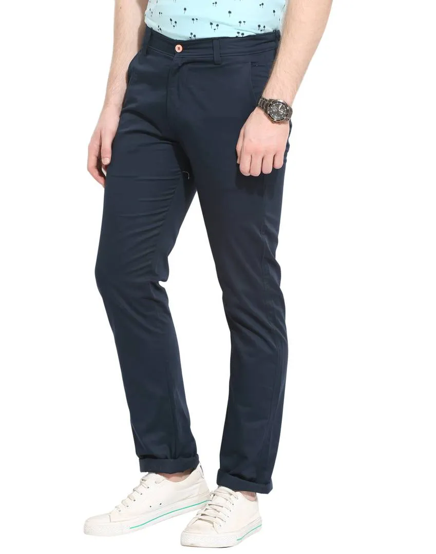 Men's Navy Blue Cotton Solid Mid-Rise Casual Regular Fit Chinos