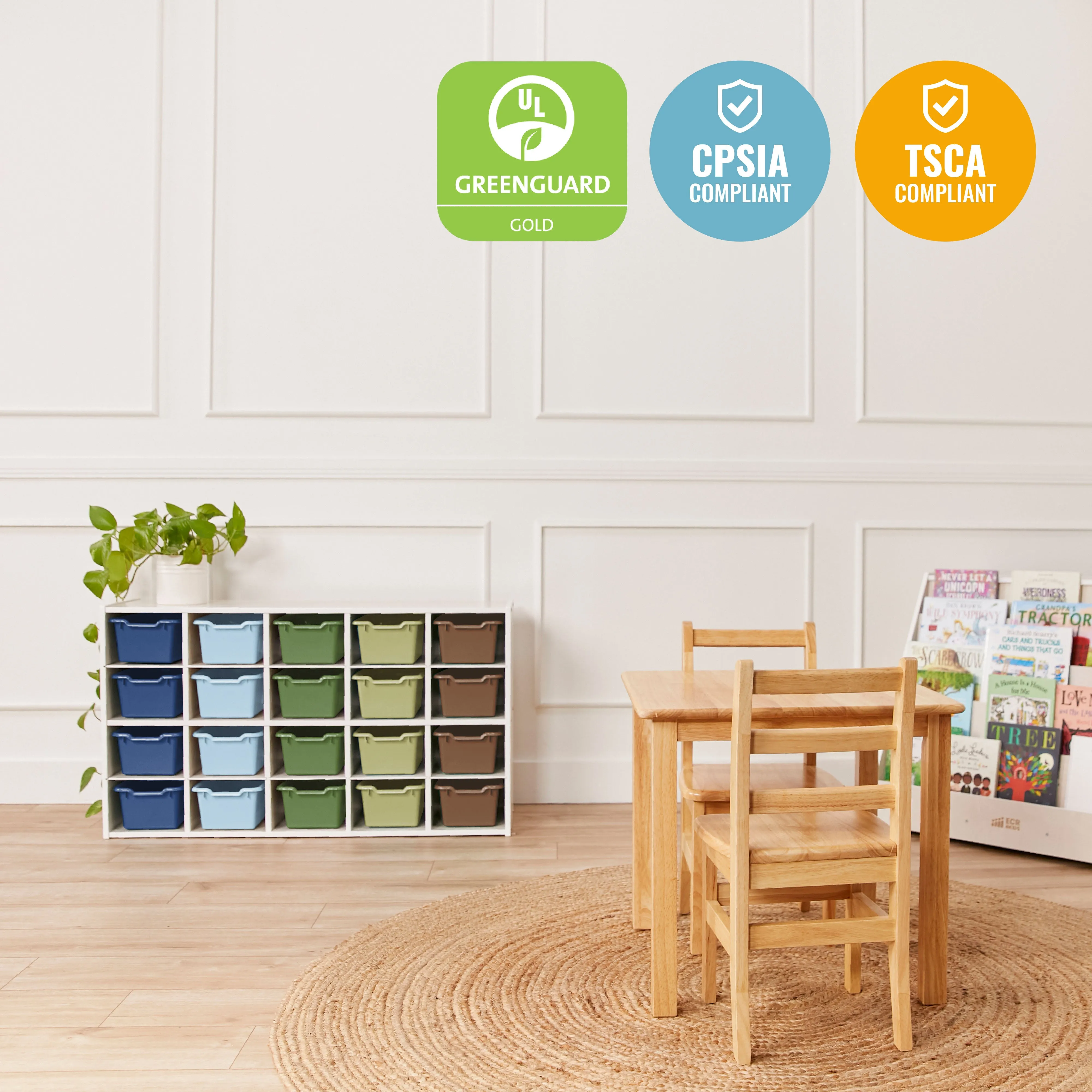 Streamline 20 Cubby Tray Storage Cabinet with Scoop Front Storage Bins, 4x5, White Wash